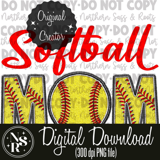 MOM Softball (Red) Faux Embroidery: Digital Download