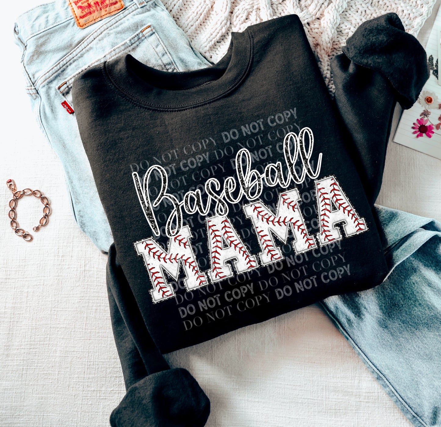 Glitter Baseball Chenille MAMA (Black): *DTF* Transfer