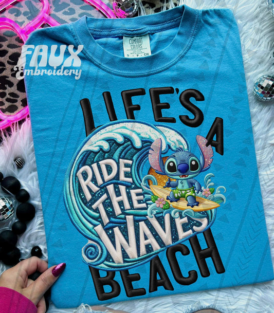Life's A Beach Ride The Waves-Stitch Faux Embroidery (TGG): *DTF* Transfer