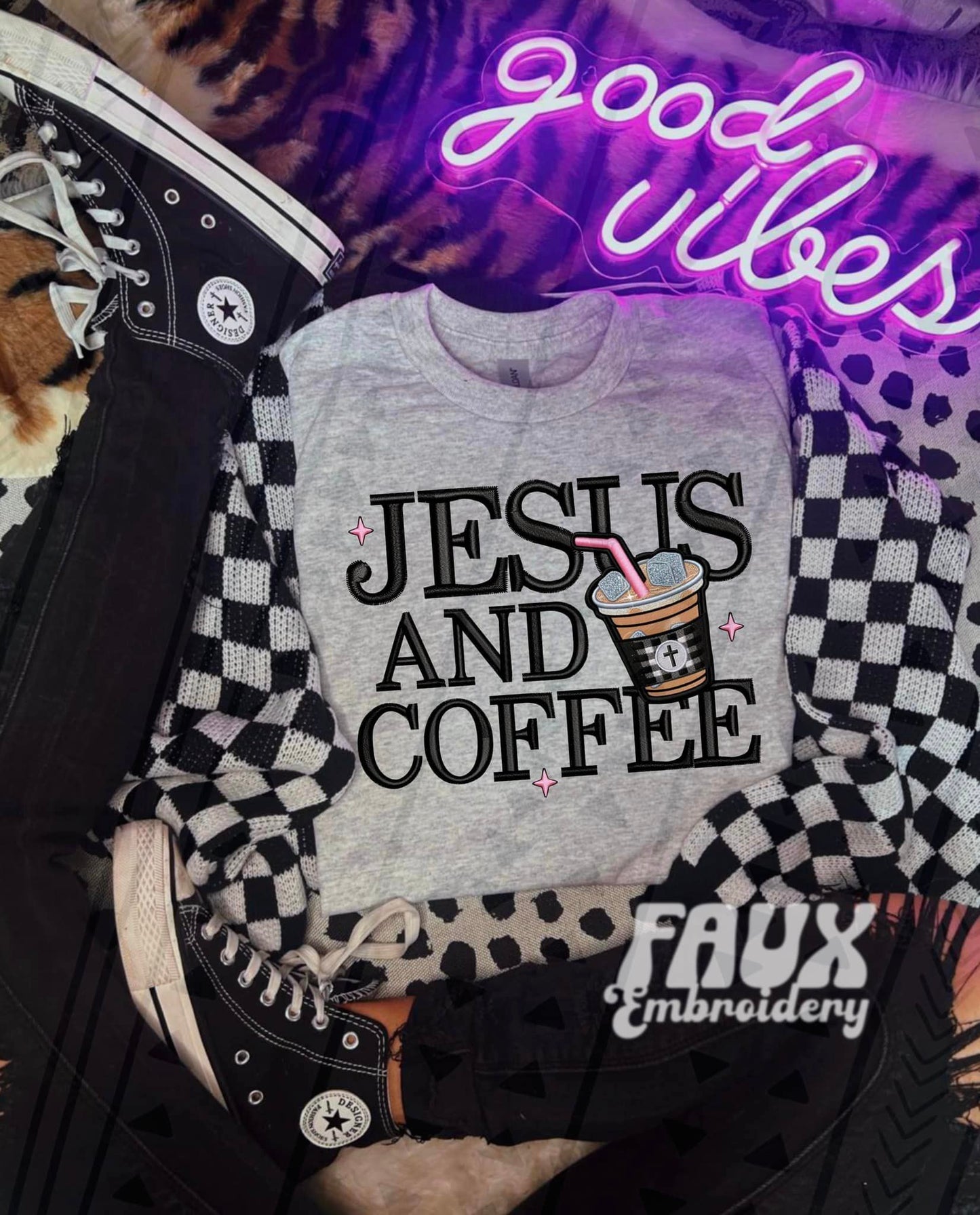 Jesus and Coffee-Faux Embroidery (TGG): *DTF* Transfer