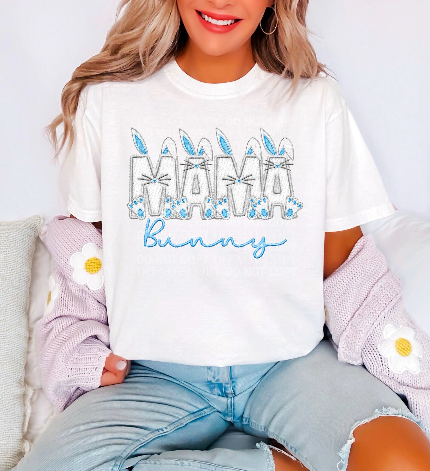MAMA Bunny V.1 (Blue) Faux Embroidery: *DTF* Transfer