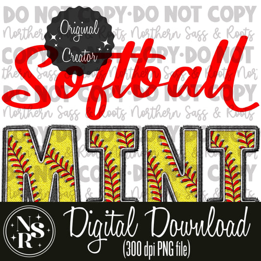 MINI Softball (Red) Faux Embroidery: Digital Download