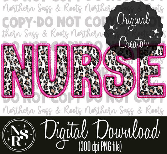 NURSE Pink Leopard Faux Embroidery: Digital Download