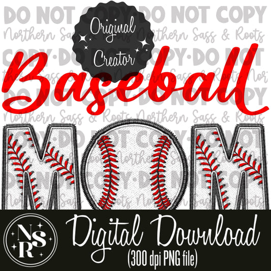 MOM Baseball (Red) Faux Embroidery: Digital Download