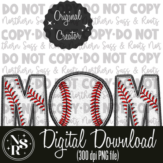 MOM Baseball (White) Faux Embroidery: Digital Download