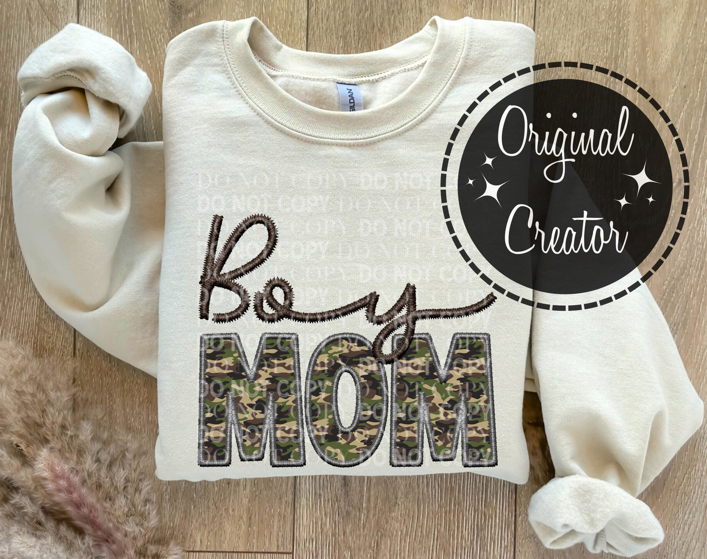 Boy MOM Script (Brown) Camo Faux Embroidery: *DTF* Transfer