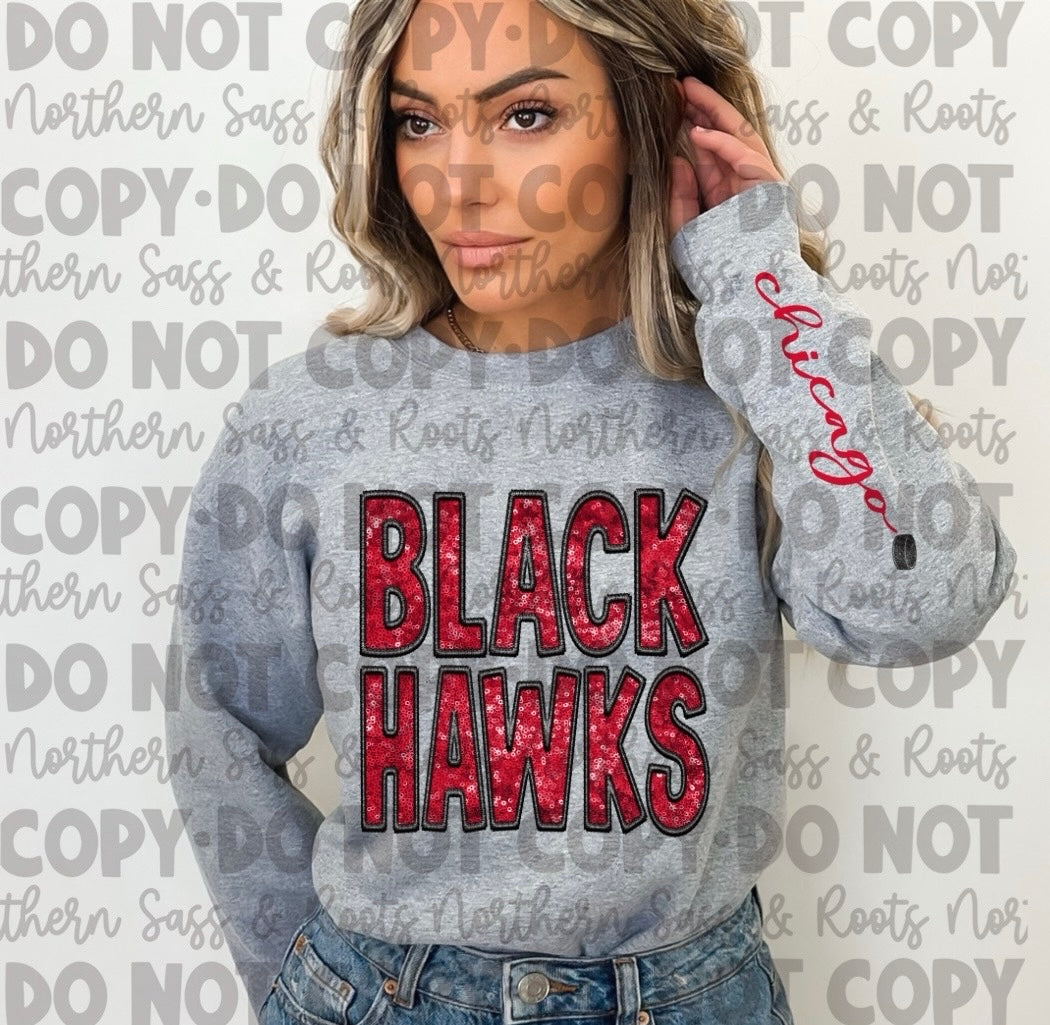 EXCLUSIVE Faux Sequin Embroidery BLACKHAWKS: *DTF* Transfer