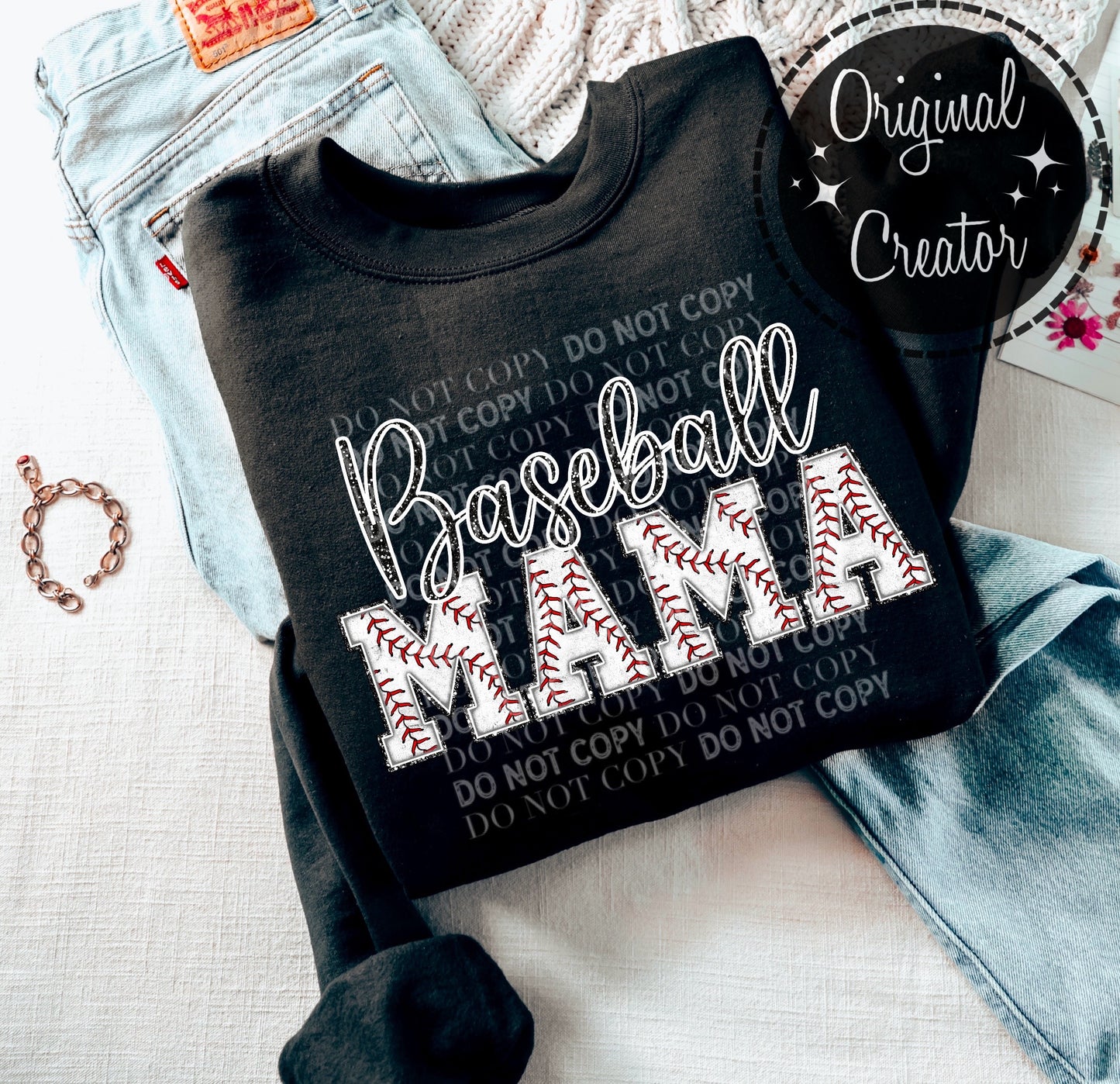 Glitter Baseball Chenille MAMA (Black): *DTF* Transfer