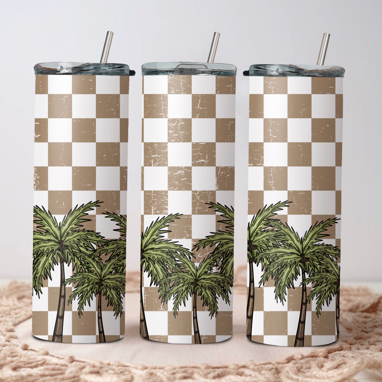 Tan Checkered Palm Trees (CSC): Tumbler Sub Print
