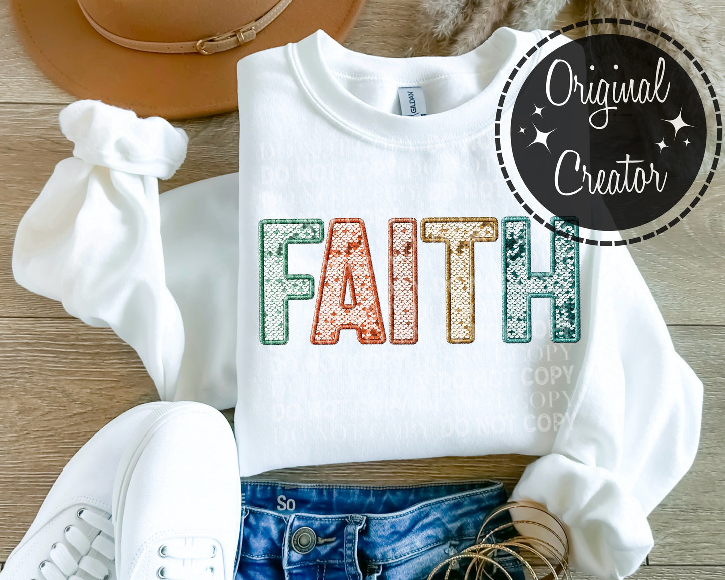 FAITH Neutral Faux Sequins Embroidery: *DTF* Transfer