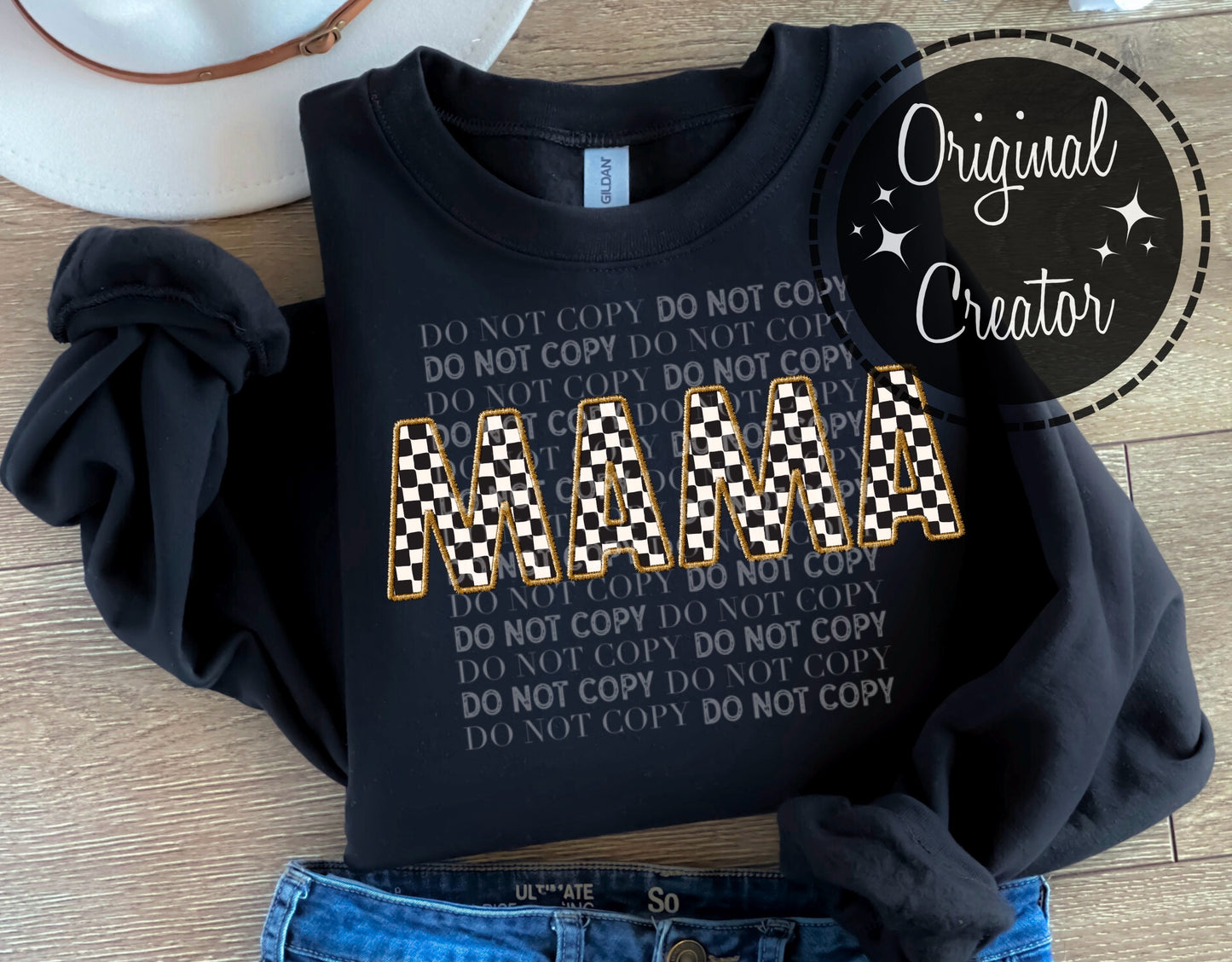 MAMA Checkered Faux Gold Embroidery: *DTF* Transfer