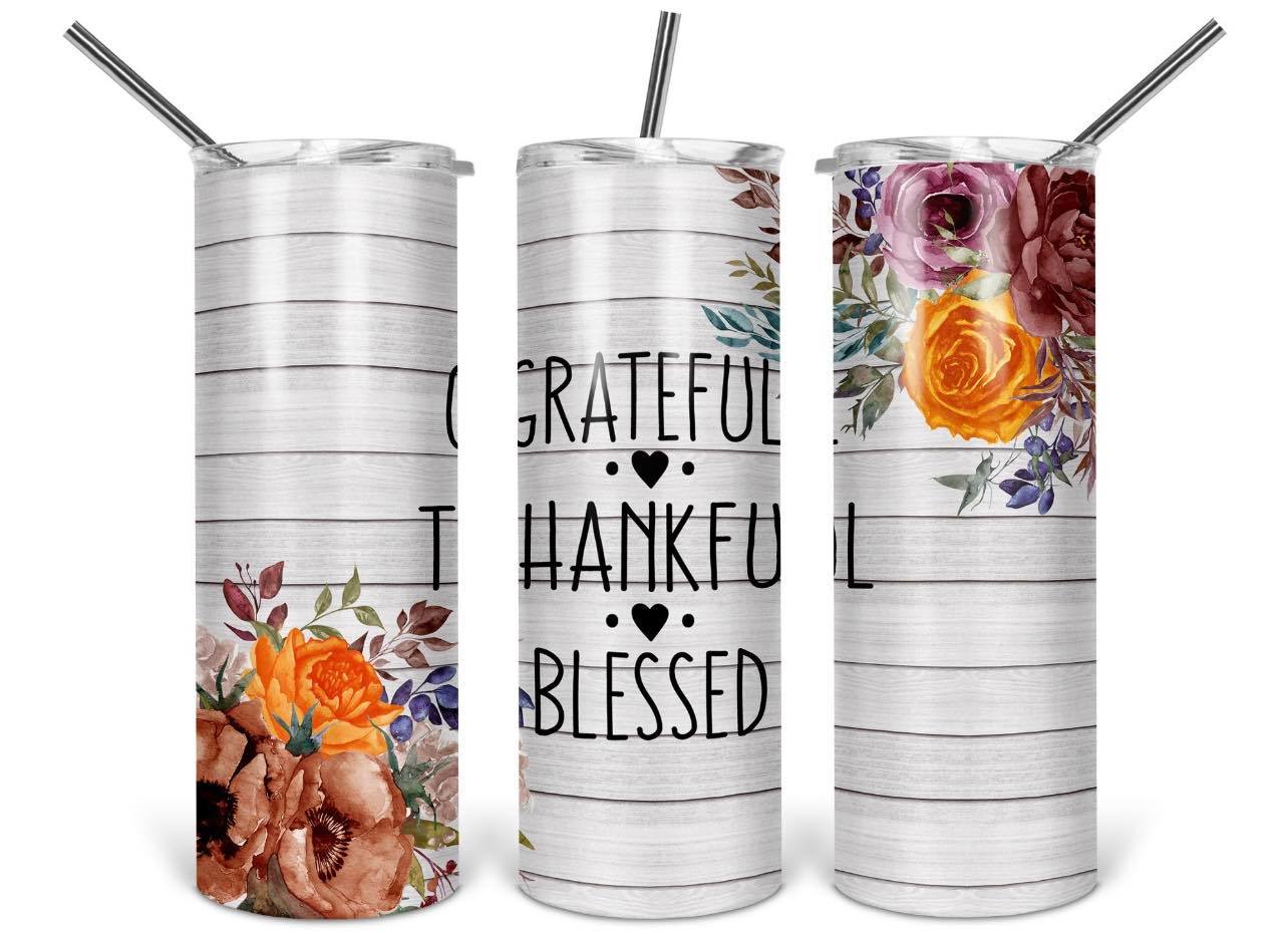 Grateful Thankful Blessed Fall Flowers-Tumbler Sub Print