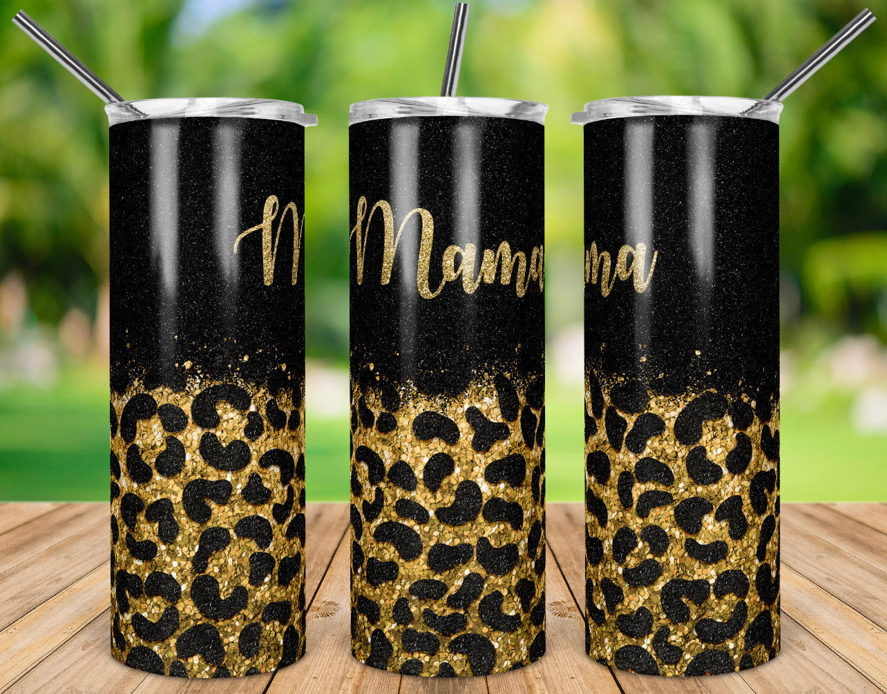 Mama Black & Gold Leopard Glitter-Tumbler Sublimation Print